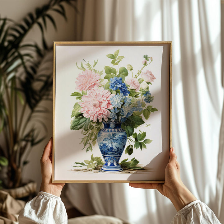 Chinoiserie Flower Vase Print, Blue Willow Oriental Wall Art, French Botanical Shabby Chic Vintage Watercolor Painting, Grandmillenial Decor