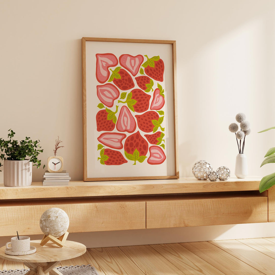 Strawberry Matisse Minimalist Style Print, Abstract Mid Century Fruit Poster, Botanical Kitchen Decor Wall Art, Modern Fun Food Illustration