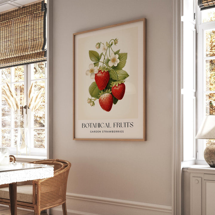 Strawberries Botanical Art Print, Vintage Strawberry Fruit Poster, Farmhouse Kitchen Wall Art, Summer Cottagecore Decor, Retro Food Print