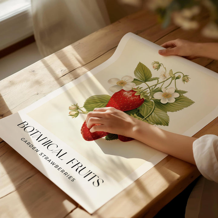 Strawberries Botanical Art Print, Vintage Strawberry Fruit Poster, Farmhouse Kitchen Wall Art, Summer Cottagecore Decor, Retro Food Print