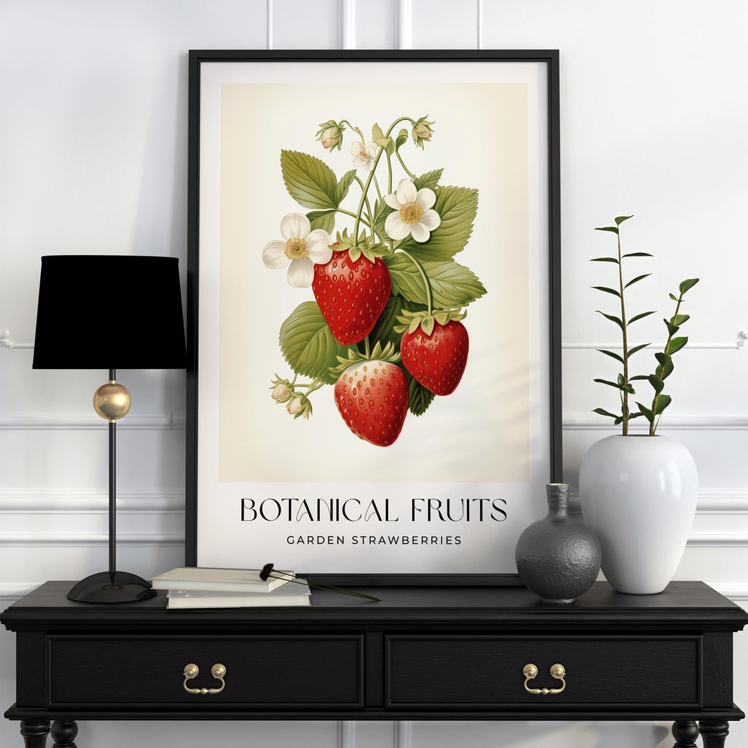 Strawberries Botanical Art Print, Vintage Strawberry Fruit Poster, Farmhouse Kitchen Wall Art, Summer Cottagecore Decor, Retro Food Print