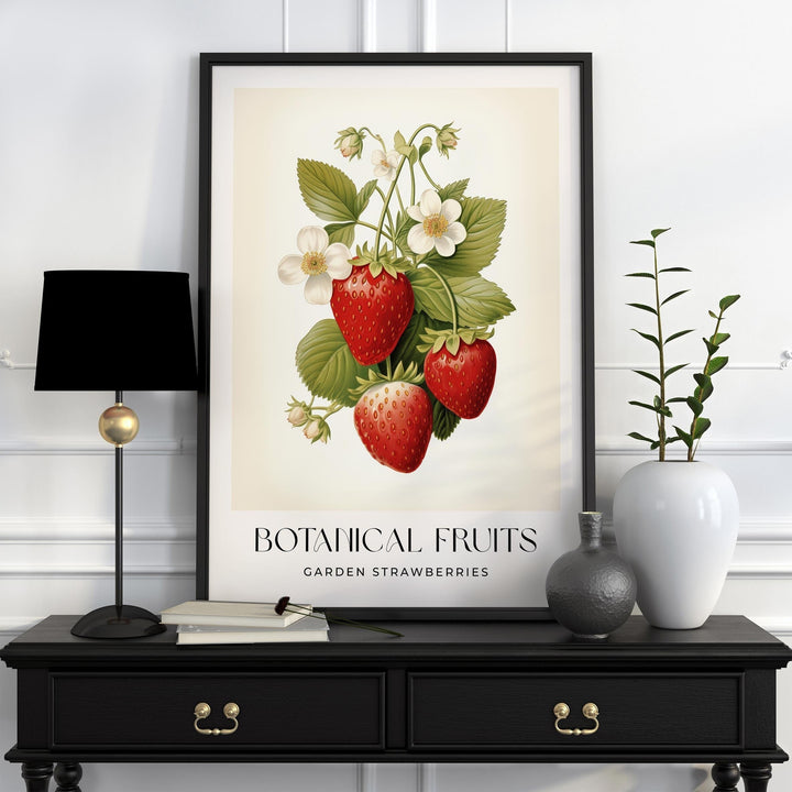 Strawberries Botanical Art Print, Vintage Strawberry Fruit Poster, Farmhouse Kitchen Wall Art, Summer Cottagecore Decor, Retro Food Print