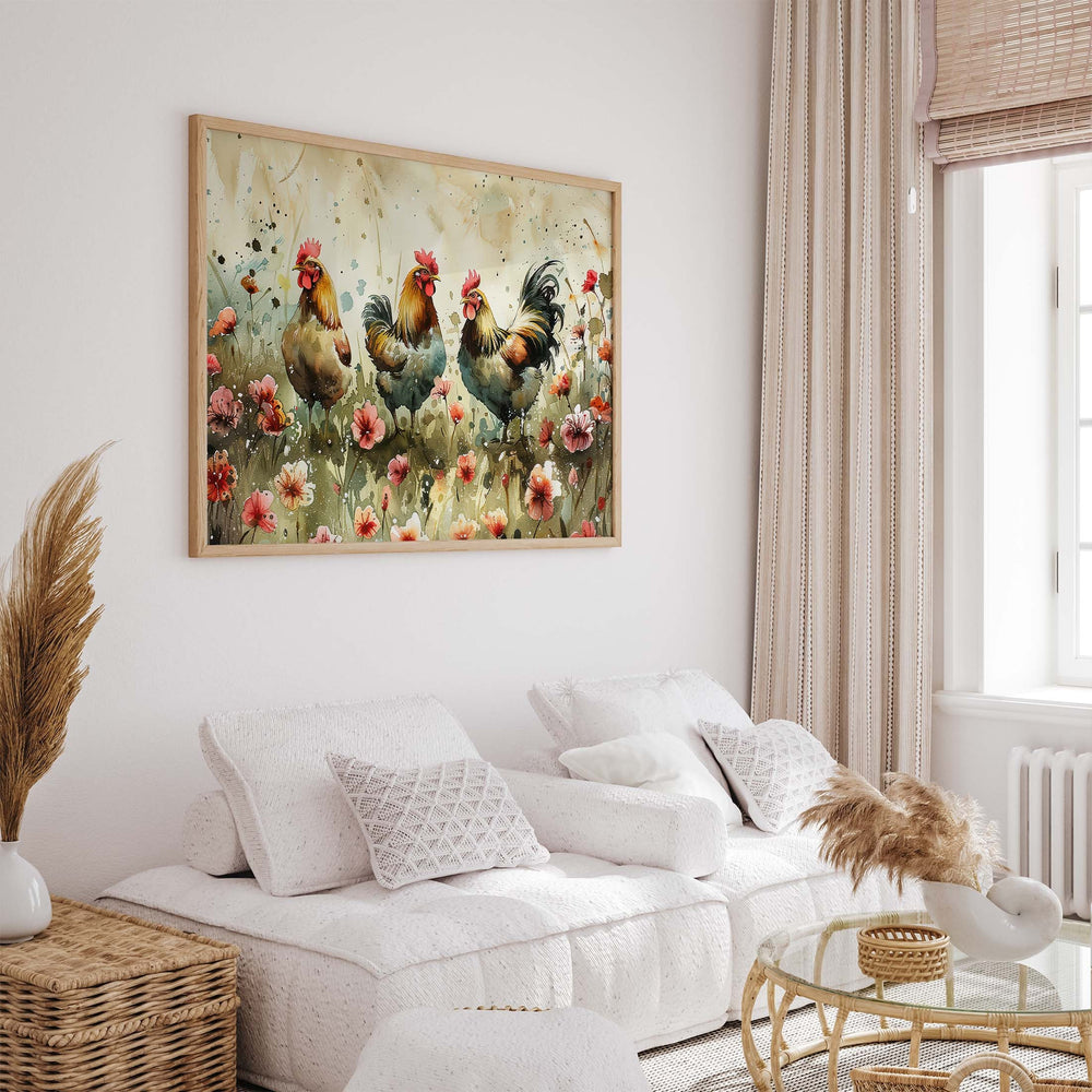 Chickens Watercolour Birds And Wildflowers Print, Cottagecore Farmhouse Home Decor, Country Kitchen Rustic Nature Art, Unique Gifts For Her