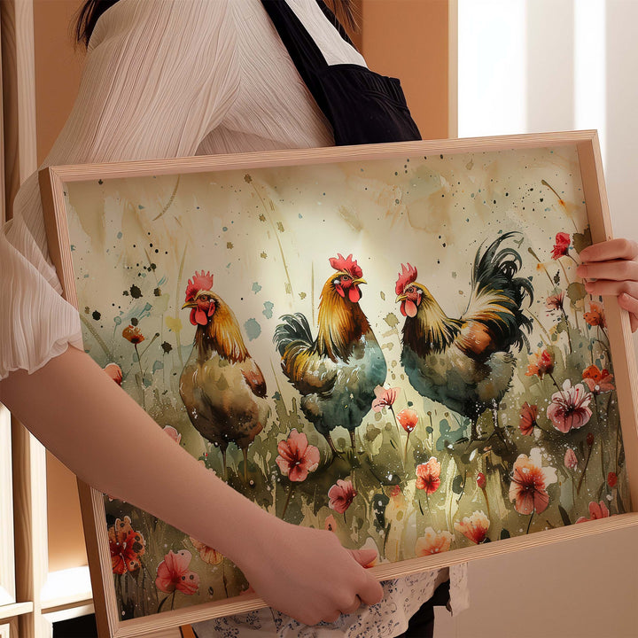 Chickens Watercolour Birds And Wildflowers Print, Cottagecore Farmhouse Home Decor, Country Kitchen Rustic Nature Art, Unique Gifts For Her