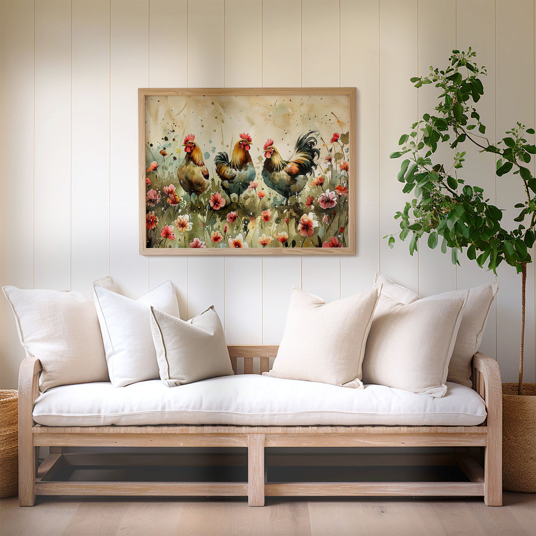 Chickens Watercolour Birds And Wildflowers Print, Cottagecore Farmhouse Home Decor, Country Kitchen Rustic Nature Art, Unique Gifts For Her