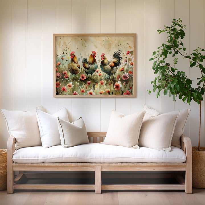 Chickens Watercolour Birds And Wildflowers Print, Cottagecore Farmhouse Home Decor, Country Kitchen Rustic Nature Art, Unique Gifts For Her