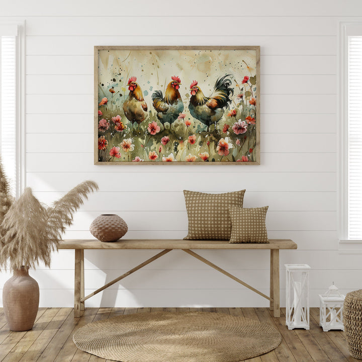 Chickens Watercolour Birds And Wildflowers Print, Cottagecore Farmhouse Home Decor, Country Kitchen Rustic Nature Art, Unique Gifts For Her