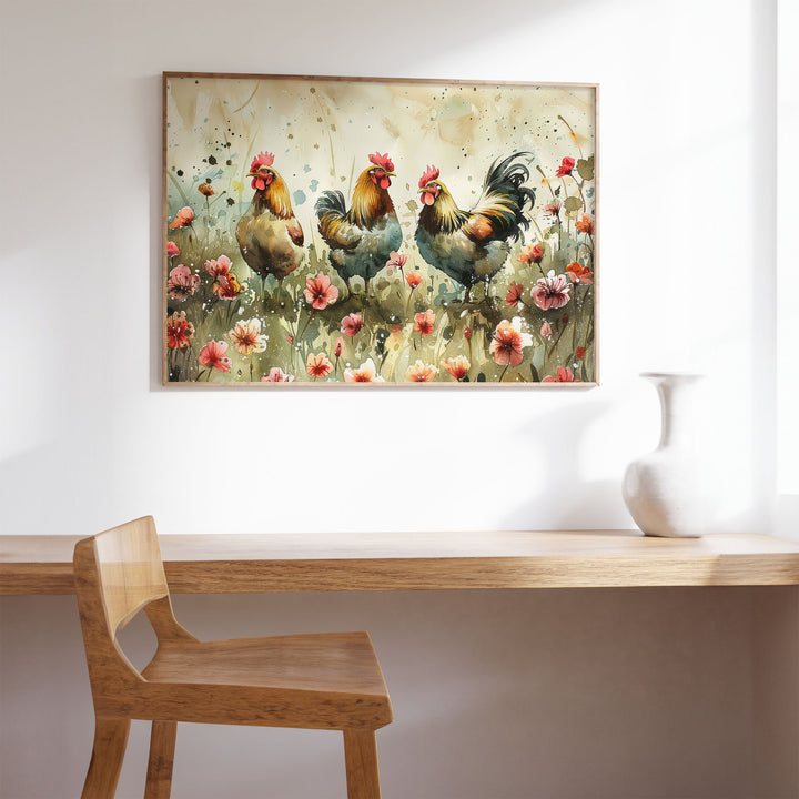 Chickens Watercolour Birds And Wildflowers Print, Cottagecore Farmhouse Home Decor, Country Kitchen Rustic Nature Art, Unique Gifts For Her