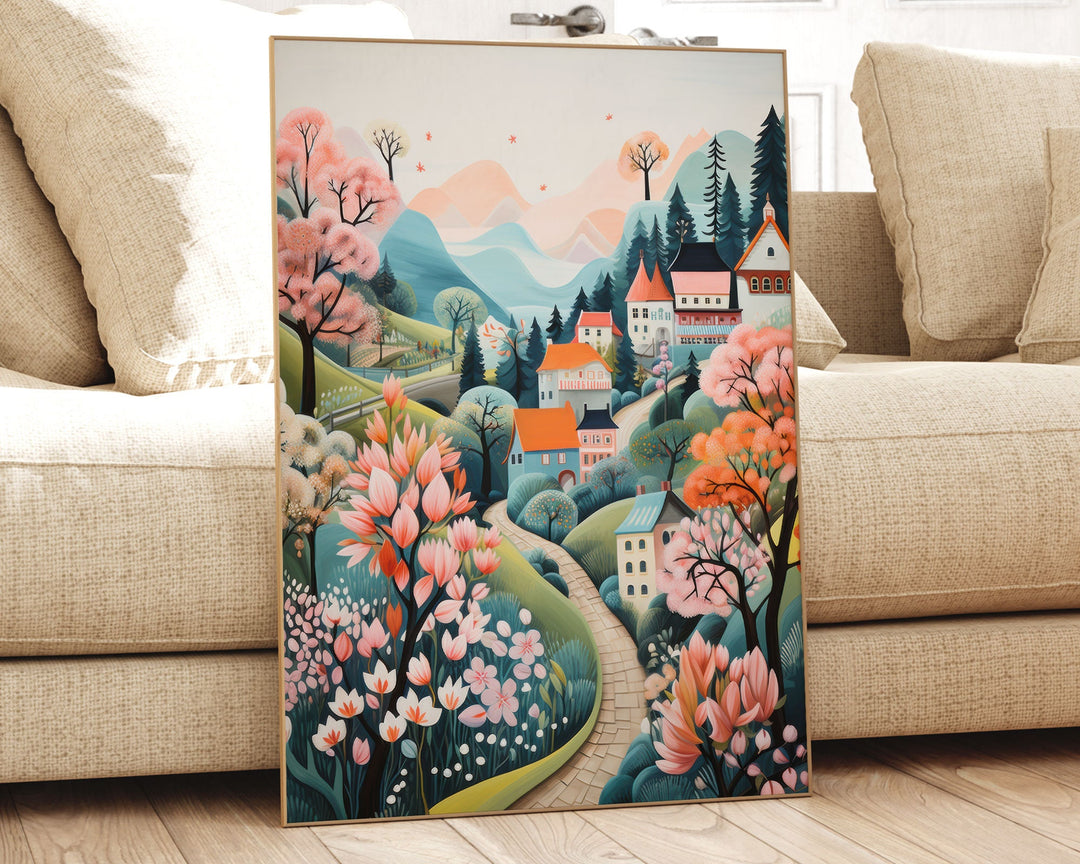 Boho Folk Art Village Scene Print, Whimsical Pastel Scandi Wall Art, Cottagecore Countryside Illustration, Modern Nordic Decor Hygge Gifts