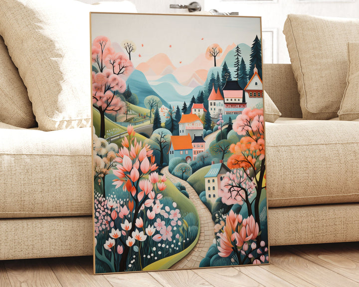Boho Folk Art Village Scene Print, Whimsical Pastel Scandi Wall Art, Cottagecore Countryside Illustration, Modern Nordic Decor Hygge Gifts