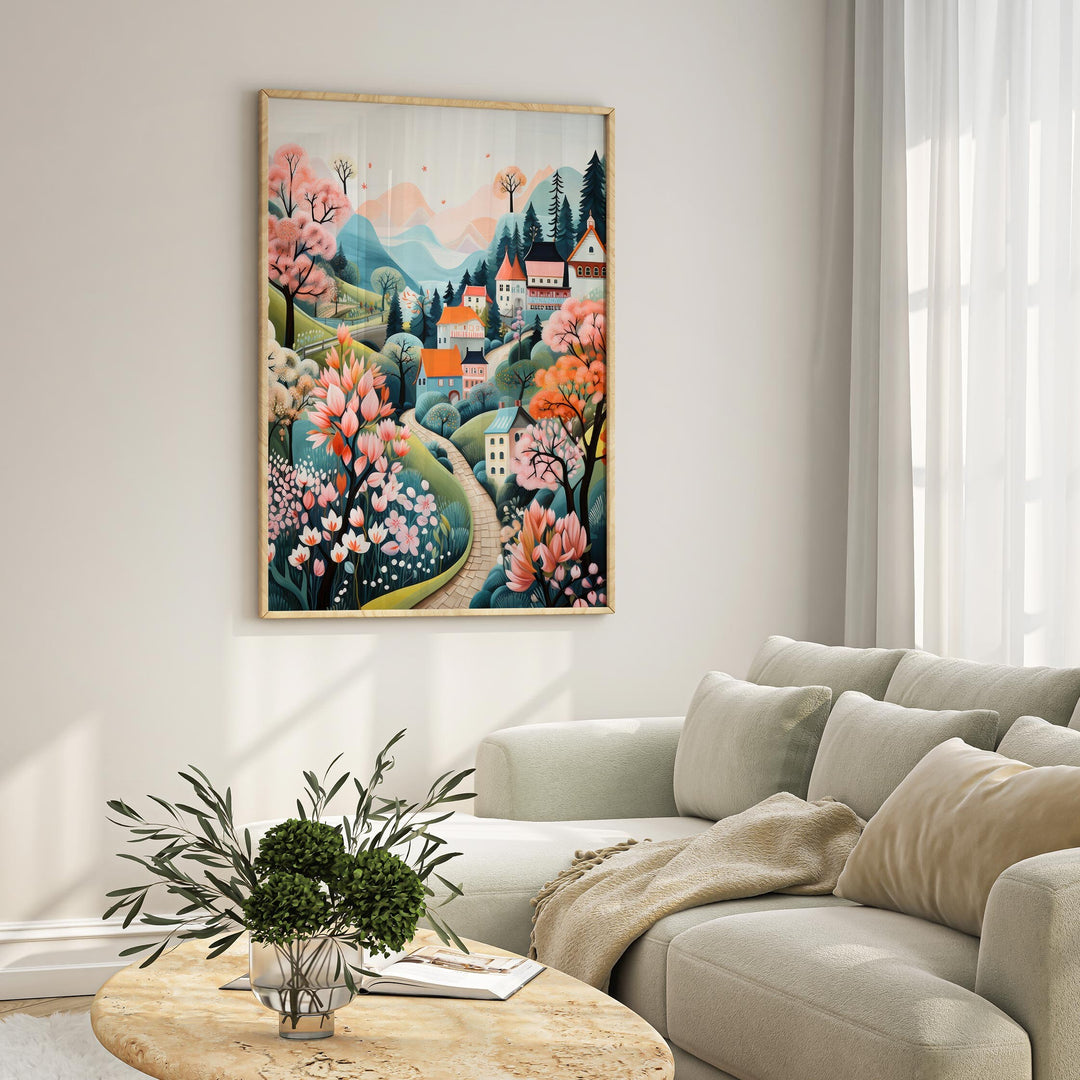 Boho Folk Art Village Scene Print, Whimsical Pastel Scandi Wall Art, Cottagecore Countryside Illustration, Modern Nordic Decor Hygge Gifts