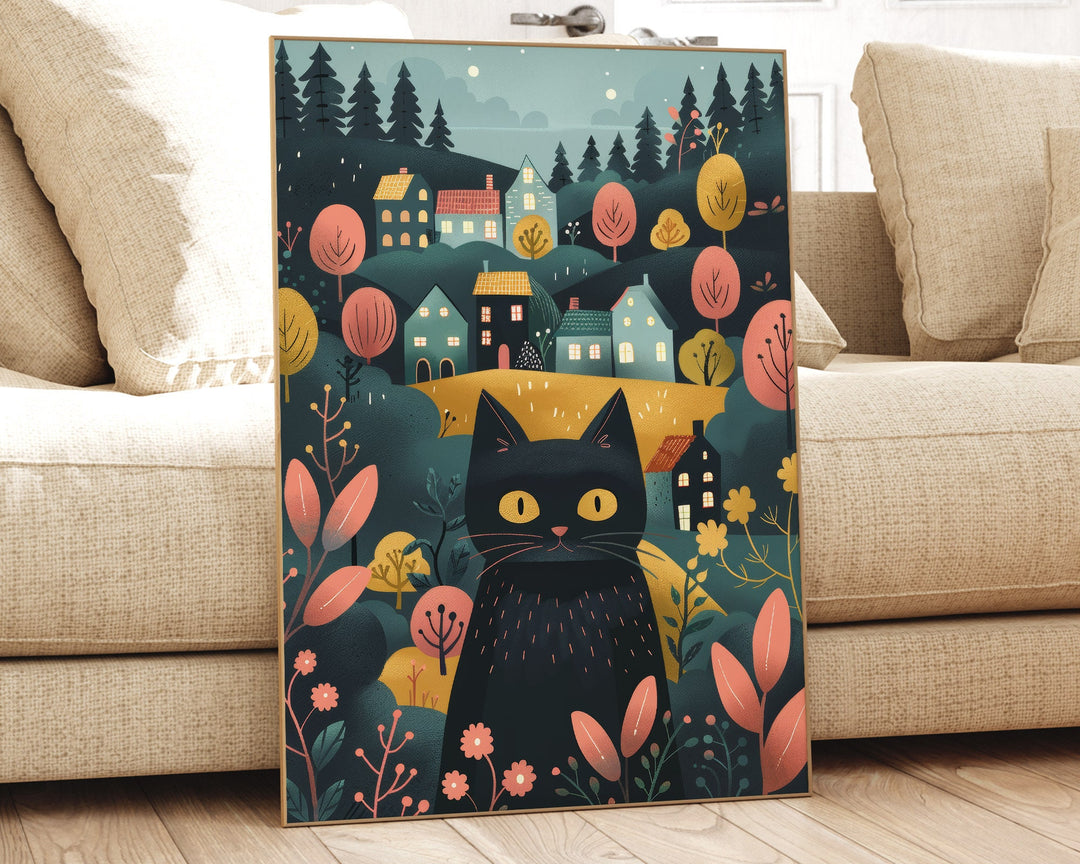 Boho Folk Art Black Cat Print, Whimsical Folklore Abstract Wall Art, Cottagecore Eclectic Animal Illustration, Modern Nordic Floral Decor