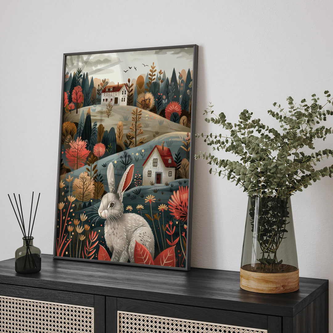 Boho Folk Art Hare Print, Whimsical Folklore Abstract Wall Art, Cottagecore Eclectic Forest Animal Illustration, Modern Nordic Floral Decor
