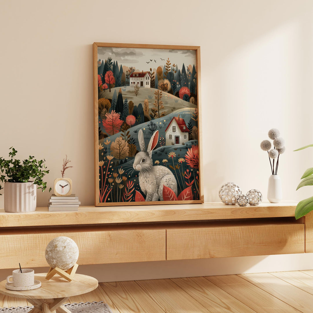 Boho Folk Art Hare Print, Whimsical Folklore Abstract Wall Art, Cottagecore Eclectic Forest Animal Illustration, Modern Nordic Floral Decor