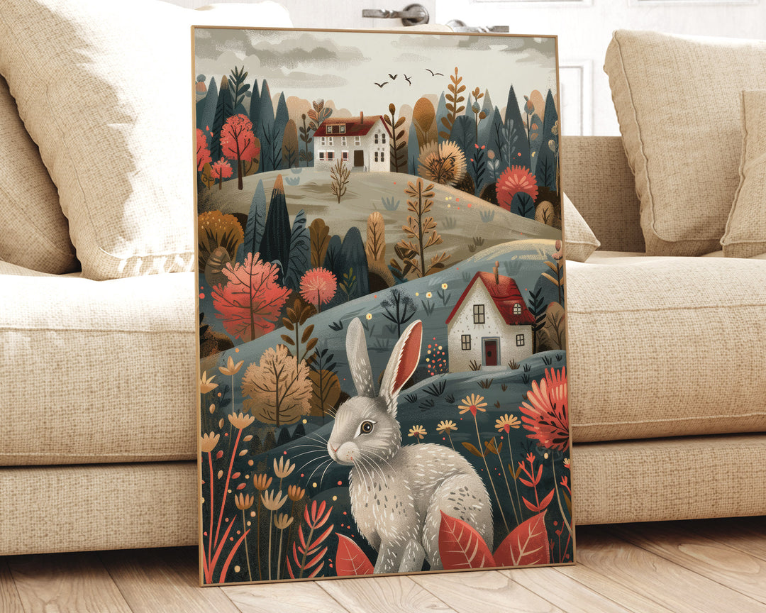Boho Folk Art Hare Print, Whimsical Folklore Abstract Wall Art, Cottagecore Eclectic Forest Animal Illustration, Modern Nordic Floral Decor