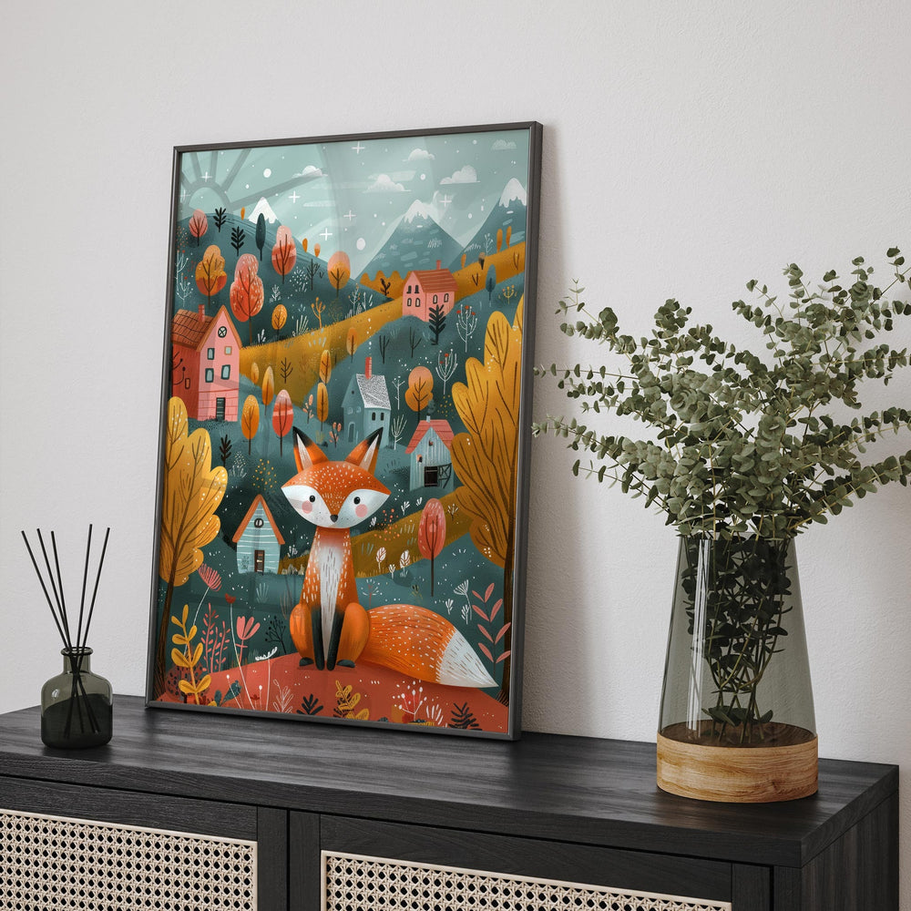Boho Folk Art Fox Print, Whimsical Folklore Abstract Wall Art, Cottagecore Eclectic Forest Animal Illustration, Modern Nordic Floral Decor