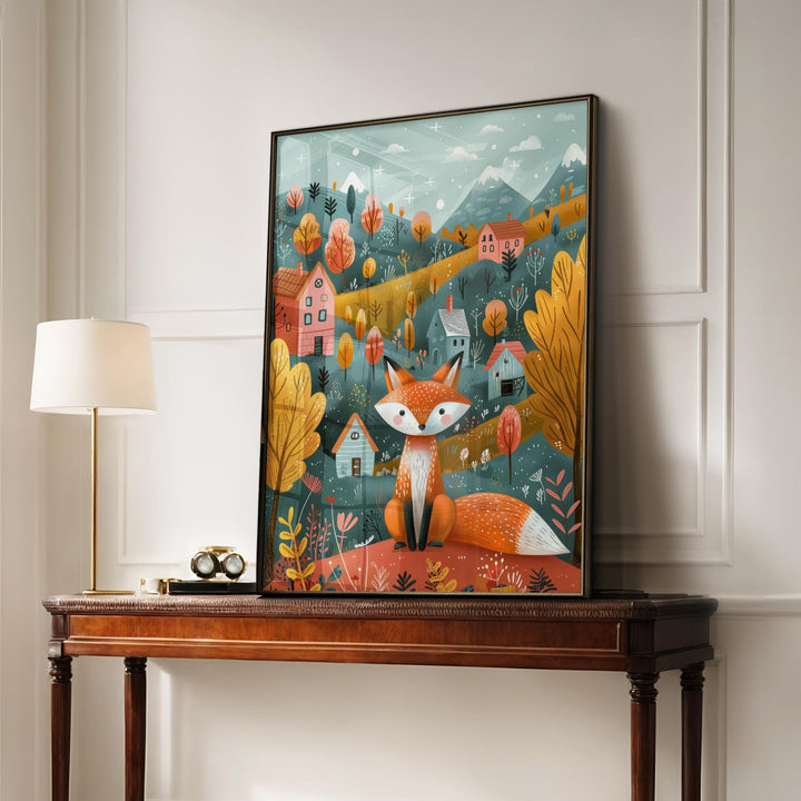 Boho Folk Art Fox Print, Whimsical Folklore Abstract Wall Art, Cottagecore Eclectic Forest Animal Illustration, Modern Nordic Floral Decor