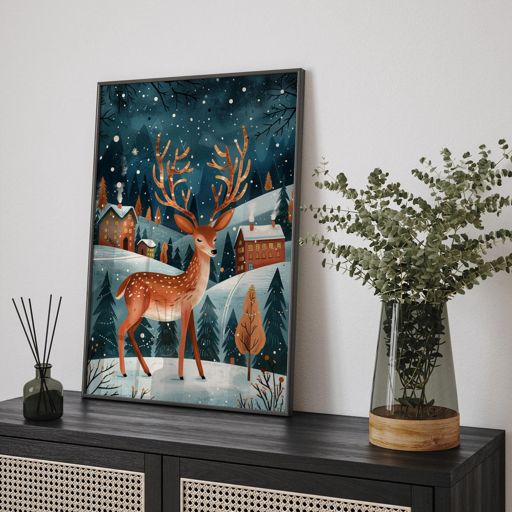 Boho Folk Art Deer Print, Whimsical Folklore Abstract Wall Art, Cottagecore Eclectic Forest Animal Illustration, Modern Nordic Floral Decor