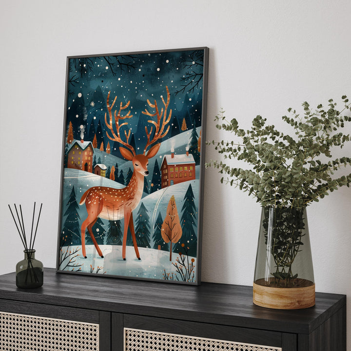 Boho Folk Art Deer Print, Whimsical Folklore Abstract Wall Art, Cottagecore Eclectic Forest Animal Illustration, Modern Nordic Floral Decor
