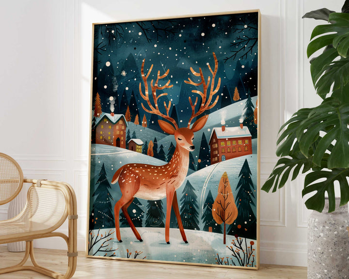 Boho Folk Art Deer Print, Whimsical Folklore Abstract Wall Art, Cottagecore Eclectic Forest Animal Illustration, Modern Nordic Floral Decor