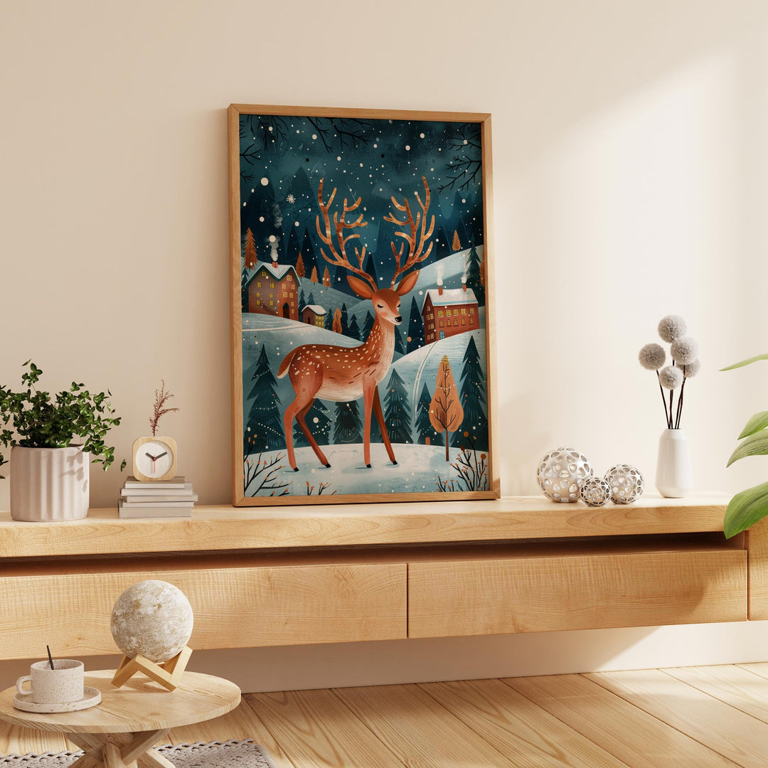 Boho Folk Art Deer Print, Whimsical Folklore Abstract Wall Art, Cottagecore Eclectic Forest Animal Illustration, Modern Nordic Floral Decor