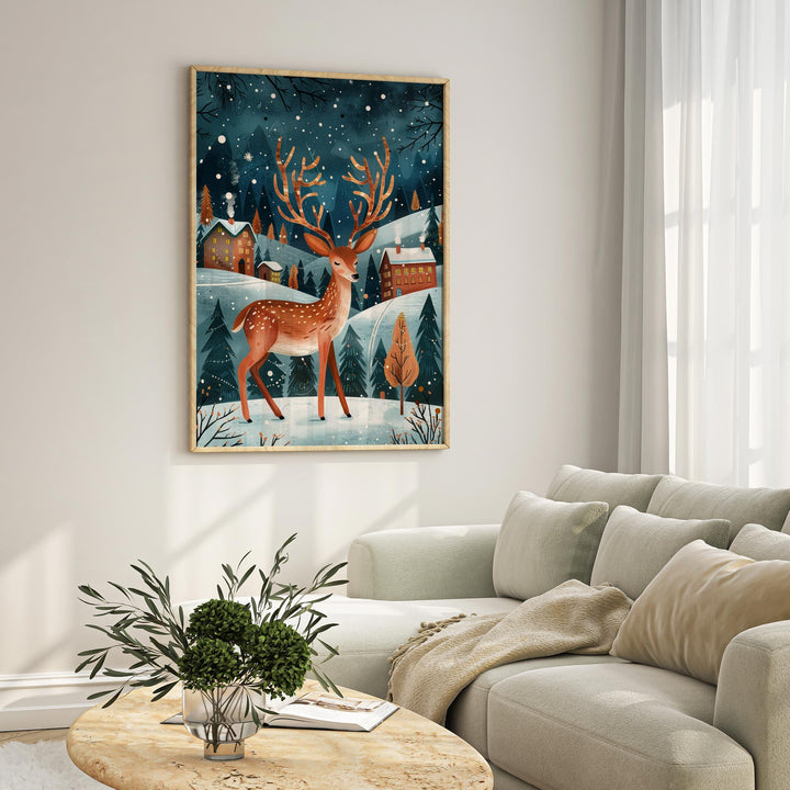 Boho Folk Art Deer Print, Whimsical Folklore Abstract Wall Art, Cottagecore Eclectic Forest Animal Illustration, Modern Nordic Floral Decor