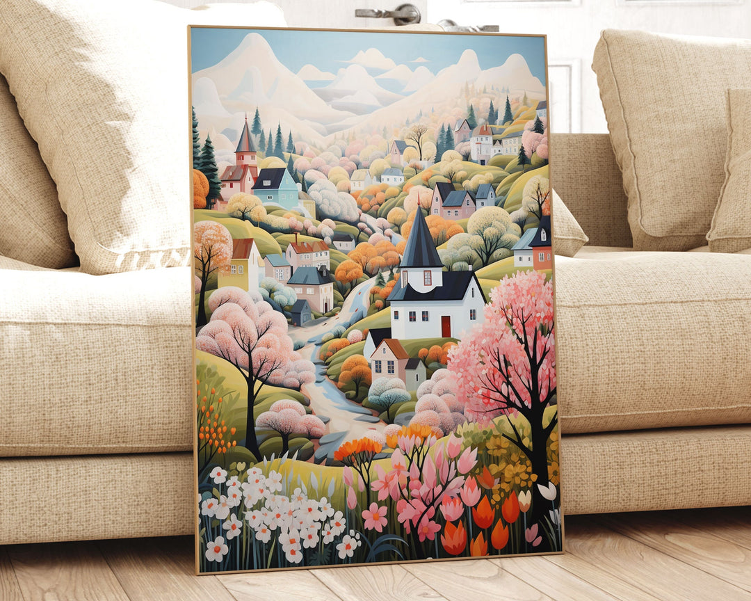Boho Folk Art Village Scene Print, Whimsical Pastel Scandi Wall Art, Cottagecore Countryside Illustration, Modern Nordic Decor Hygge Gifts