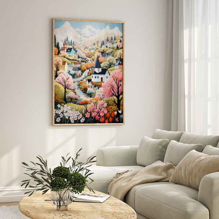 Boho Folk Art Village Scene Print, Whimsical Pastel Scandi Wall Art, Cottagecore Countryside Illustration, Modern Nordic Decor Hygge Gifts
