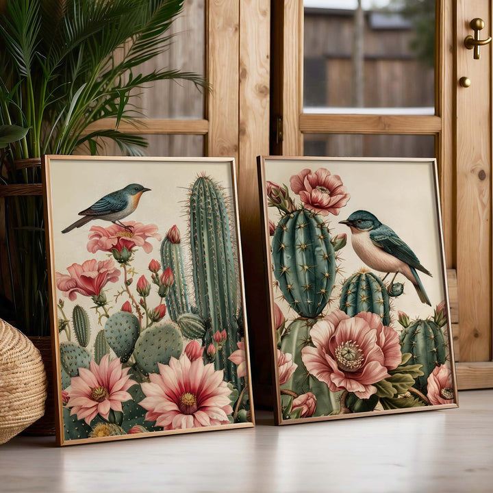 Set of 2 Vintage Botanical Bird Posters, Tropical Flowers Cactus Plant Nature Wall Art, Exotic Floral Decor, Cottagecore Gifts For Her Wife