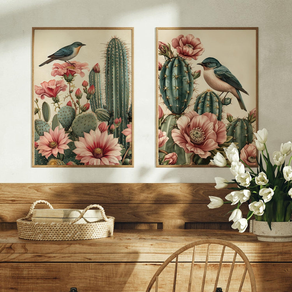 Set of 2 Vintage Botanical Bird Posters, Tropical Flowers Cactus Plant Nature Wall Art, Exotic Floral Decor, Cottagecore Gifts For Her Wife