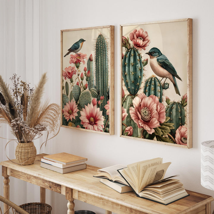 Set of 2 Vintage Botanical Bird Posters, Tropical Flowers Cactus Plant Nature Wall Art, Exotic Floral Decor, Cottagecore Gifts For Her Wife