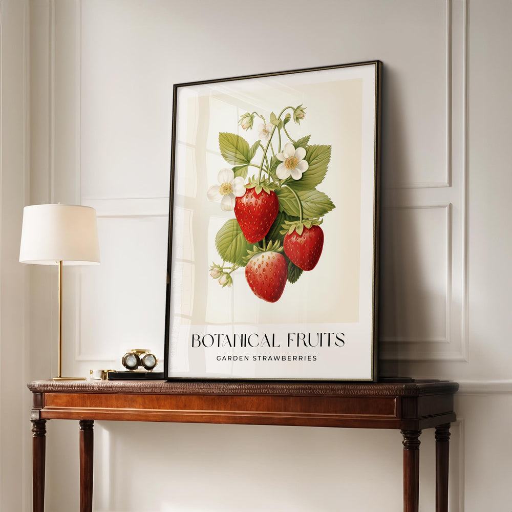 Strawberries Botanical Art Print, Vintage Strawberry Fruit Poster, Farmhouse Kitchen Wall Art, Summer Cottagecore Decor, Retro Food Print