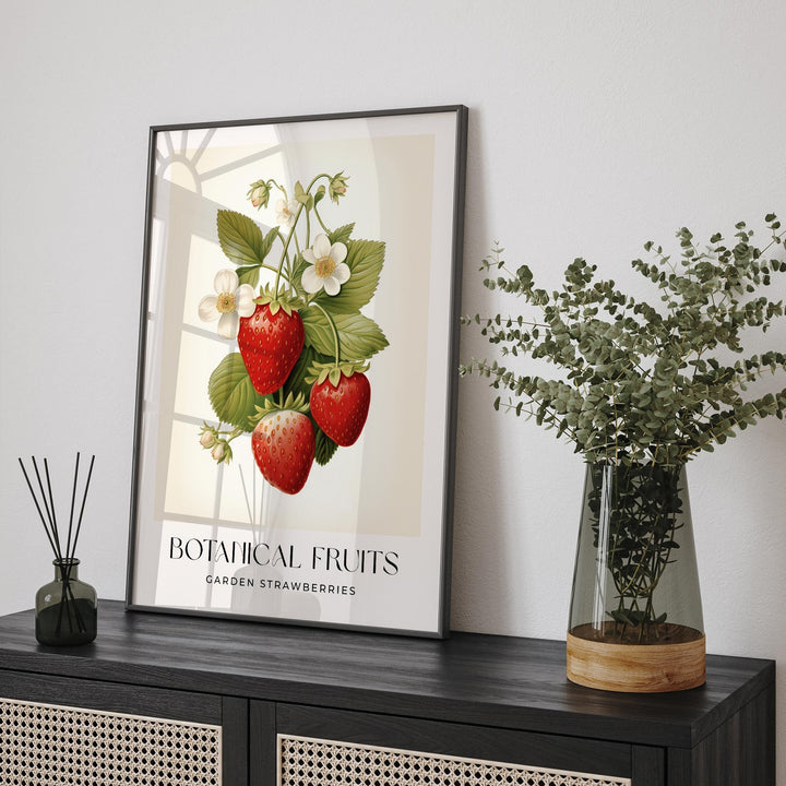 Strawberries Botanical Art Print, Vintage Strawberry Fruit Poster, Farmhouse Kitchen Wall Art, Summer Cottagecore Decor, Retro Food Print