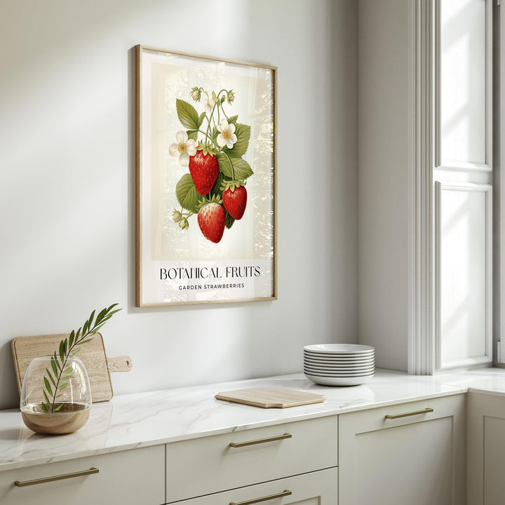 Strawberries Botanical Art Print, Vintage Strawberry Fruit Poster, Farmhouse Kitchen Wall Art, Summer Cottagecore Decor, Retro Food Print