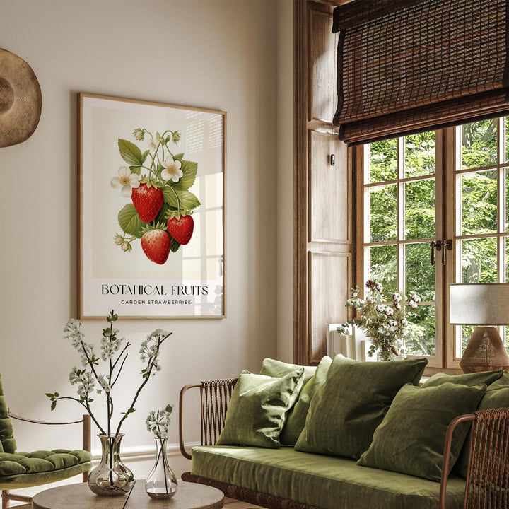 Strawberries Botanical Art Print, Vintage Strawberry Fruit Poster, Farmhouse Kitchen Wall Art, Summer Cottagecore Decor, Retro Food Print