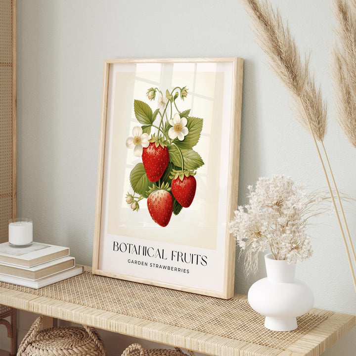 Strawberries Botanical Art Print, Vintage Strawberry Fruit Poster, Farmhouse Kitchen Wall Art, Summer Cottagecore Decor, Retro Food Print