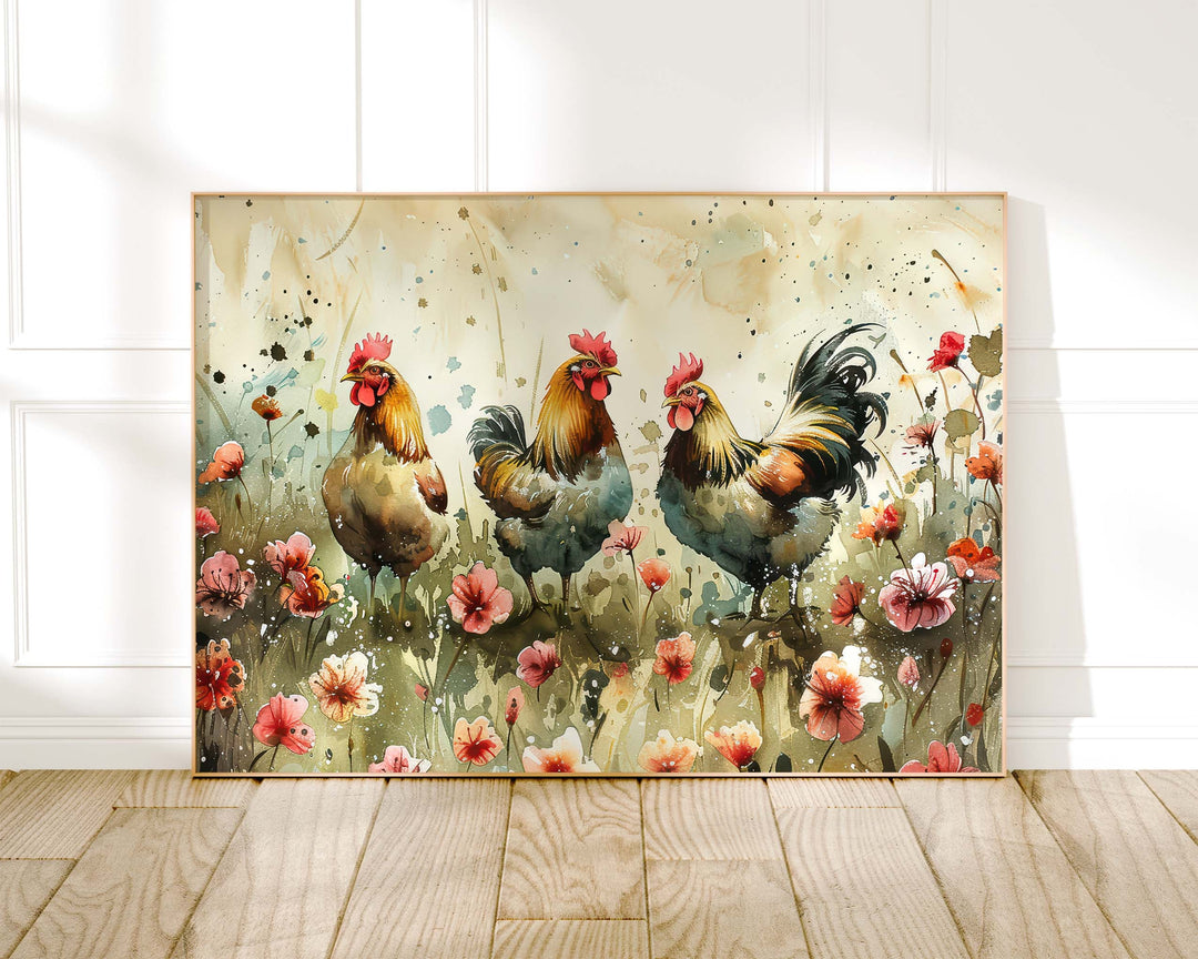 Chickens Watercolour Birds And Wildflowers Print, Cottagecore Farmhouse Home Decor, Country Kitchen Rustic Nature Art, Unique Gifts For Her
