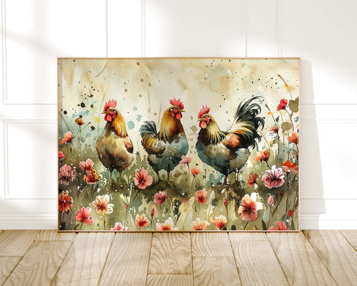 Chickens Watercolour Birds And Wildflowers Print, Cottagecore Farmhouse Home Decor, Country Kitchen Rustic Nature Art, Unique Gifts For Her