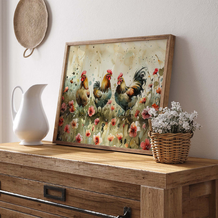 Chickens Watercolour Birds And Wildflowers Print, Cottagecore Farmhouse Home Decor, Country Kitchen Rustic Nature Art, Unique Gifts For Her