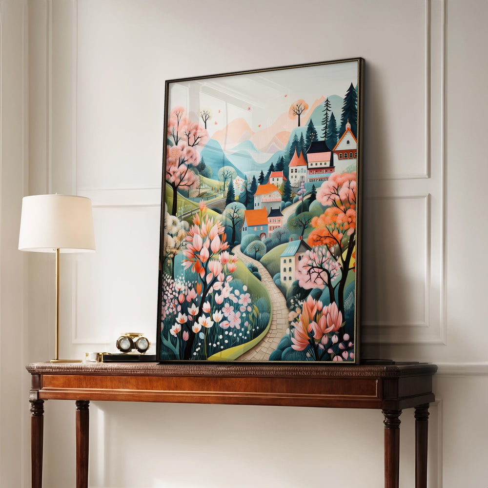Boho Folk Art Village Scene Print, Whimsical Pastel Scandi Wall Art, Cottagecore Countryside Illustration, Modern Nordic Decor Hygge Gifts