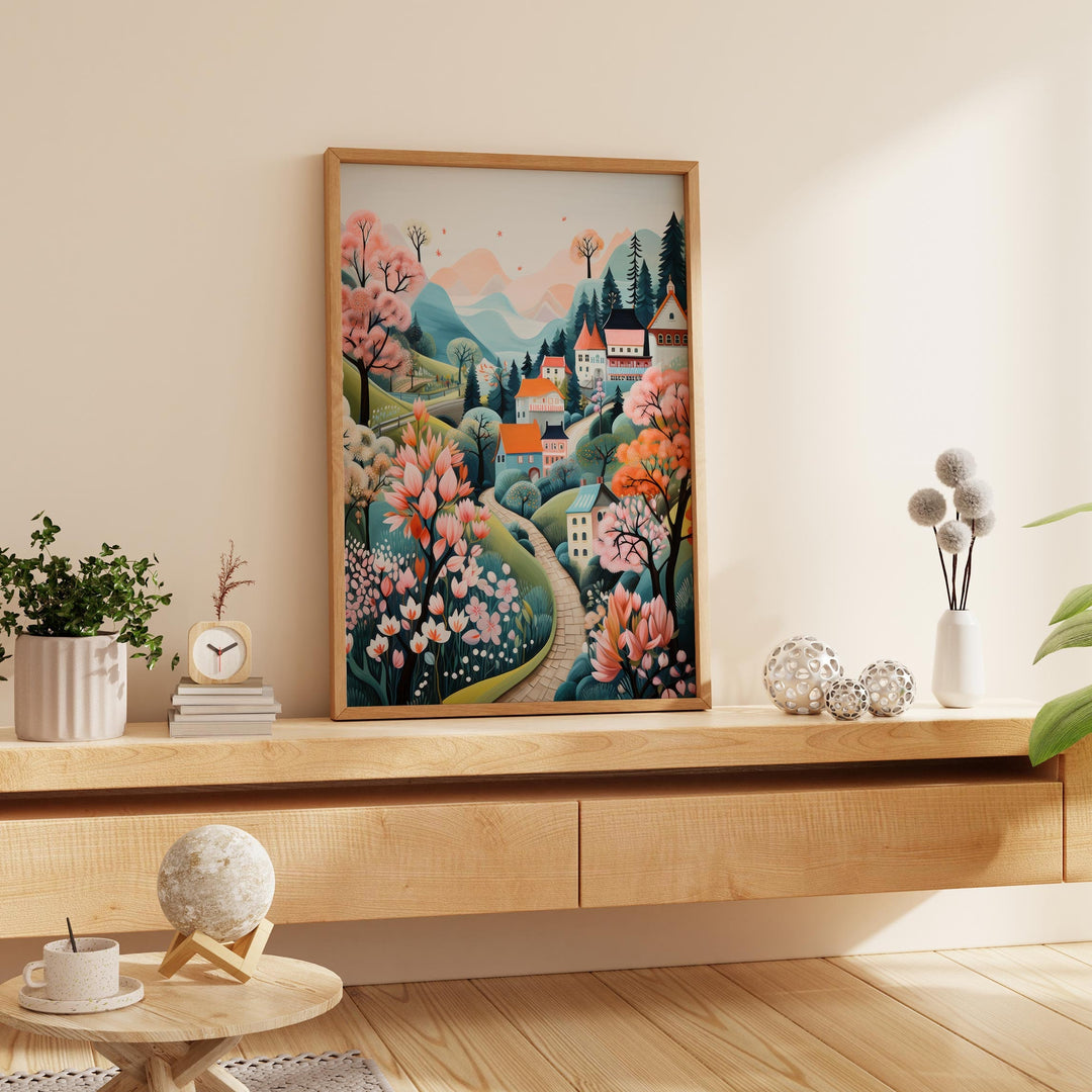 Boho Folk Art Village Scene Print, Whimsical Pastel Scandi Wall Art, Cottagecore Countryside Illustration, Modern Nordic Decor Hygge Gifts
