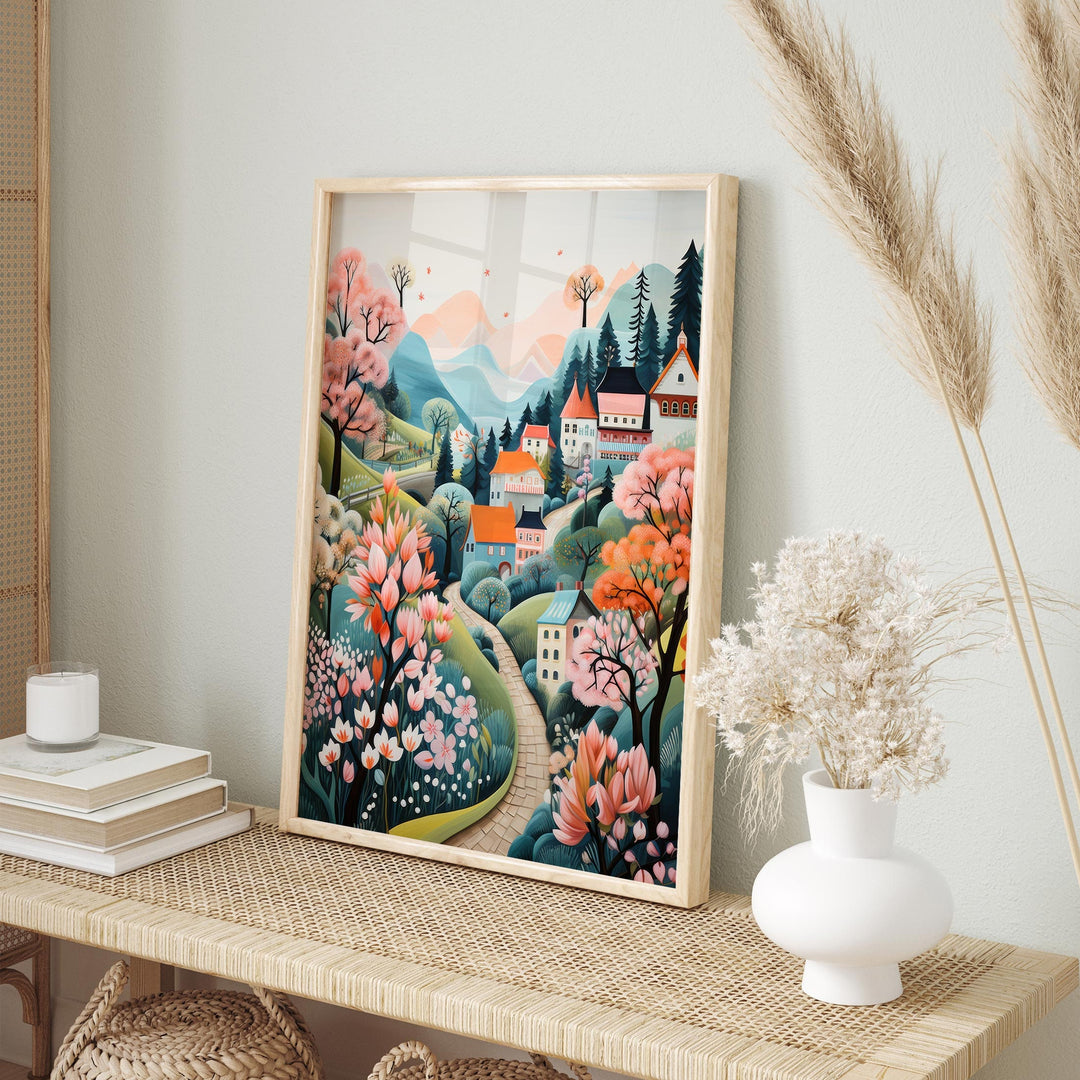 Boho Folk Art Village Scene Print, Whimsical Pastel Scandi Wall Art, Cottagecore Countryside Illustration, Modern Nordic Decor Hygge Gifts