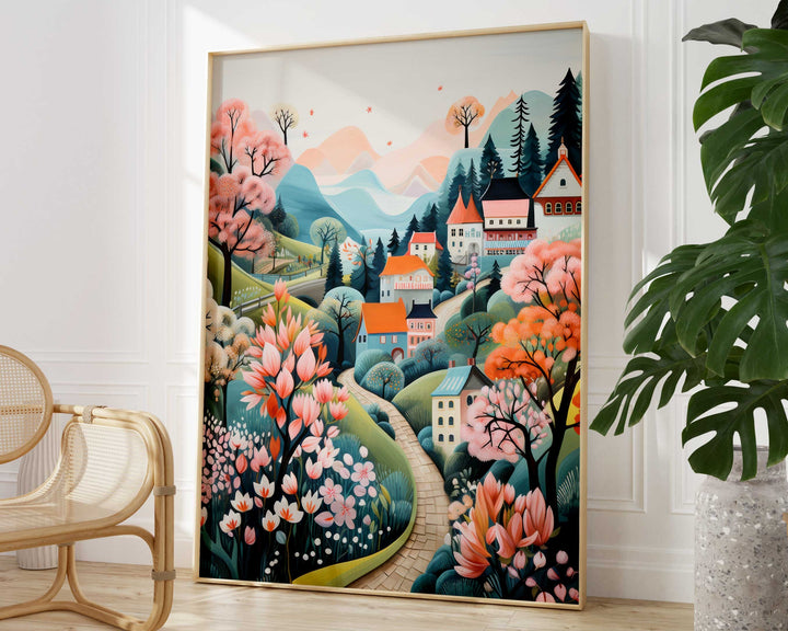 Boho Folk Art Village Scene Print, Whimsical Pastel Scandi Wall Art, Cottagecore Countryside Illustration, Modern Nordic Decor Hygge Gifts
