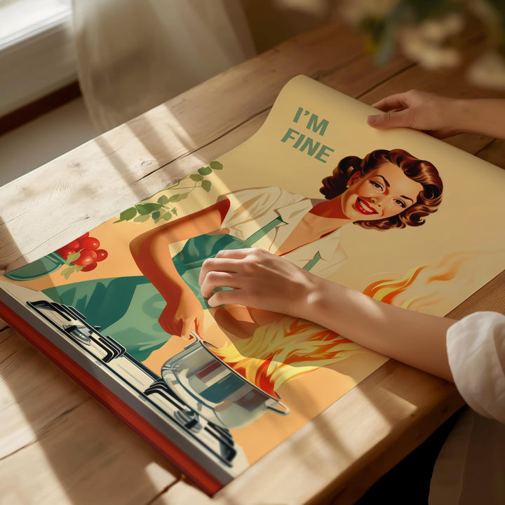 Retro Kitchen Print, Funny 50s Cooking Poster, Vintage Happy Housewife Kitchen Poster, I'm Fine Retro Kitchen Decor, Fun Gifts for Mum Chef