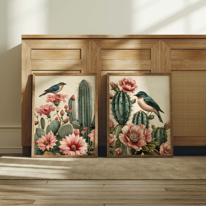 Set of 2 Vintage Botanical Bird Posters, Tropical Flowers Cactus Plant Nature Wall Art, Exotic Floral Decor, Cottagecore Gifts For Her Wife