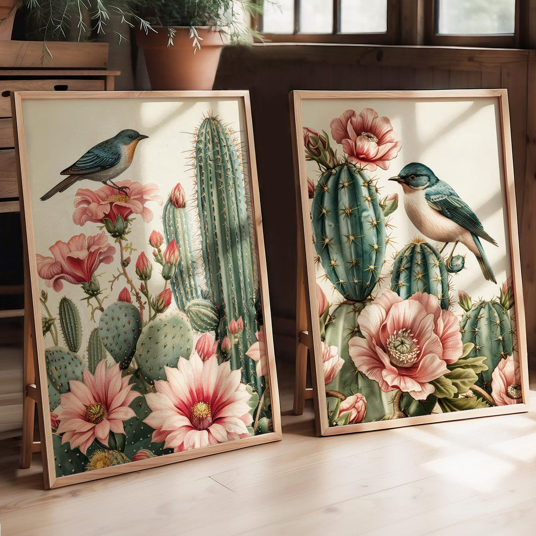Set of 2 Vintage Botanical Bird Posters, Tropical Flowers Cactus Plant Nature Wall Art, Exotic Floral Decor, Cottagecore Gifts For Her Wife