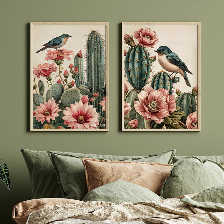 Set of 2 Vintage Botanical Bird Posters, Tropical Flowers Cactus Plant Nature Wall Art, Exotic Floral Decor, Cottagecore Gifts For Her Wife