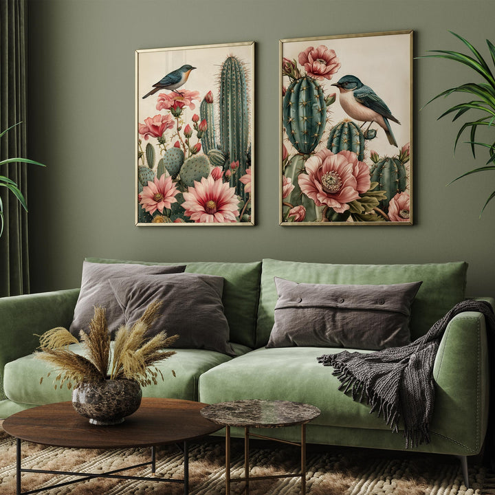 Set of 2 Vintage Botanical Bird Posters, Tropical Flowers Cactus Plant Nature Wall Art, Exotic Floral Decor, Cottagecore Gifts For Her Wife