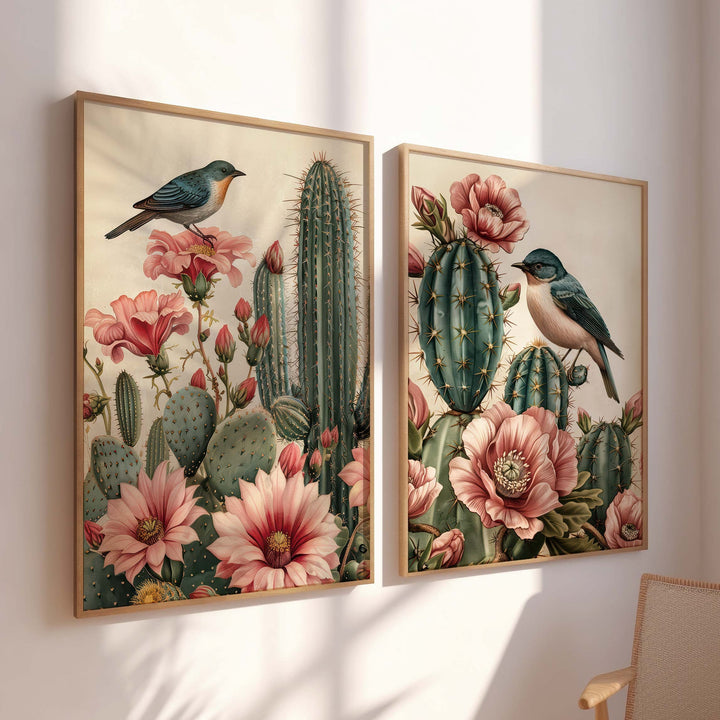 Set of 2 Vintage Botanical Bird Posters, Tropical Flowers Cactus Plant Nature Wall Art, Exotic Floral Decor, Cottagecore Gifts For Her Wife