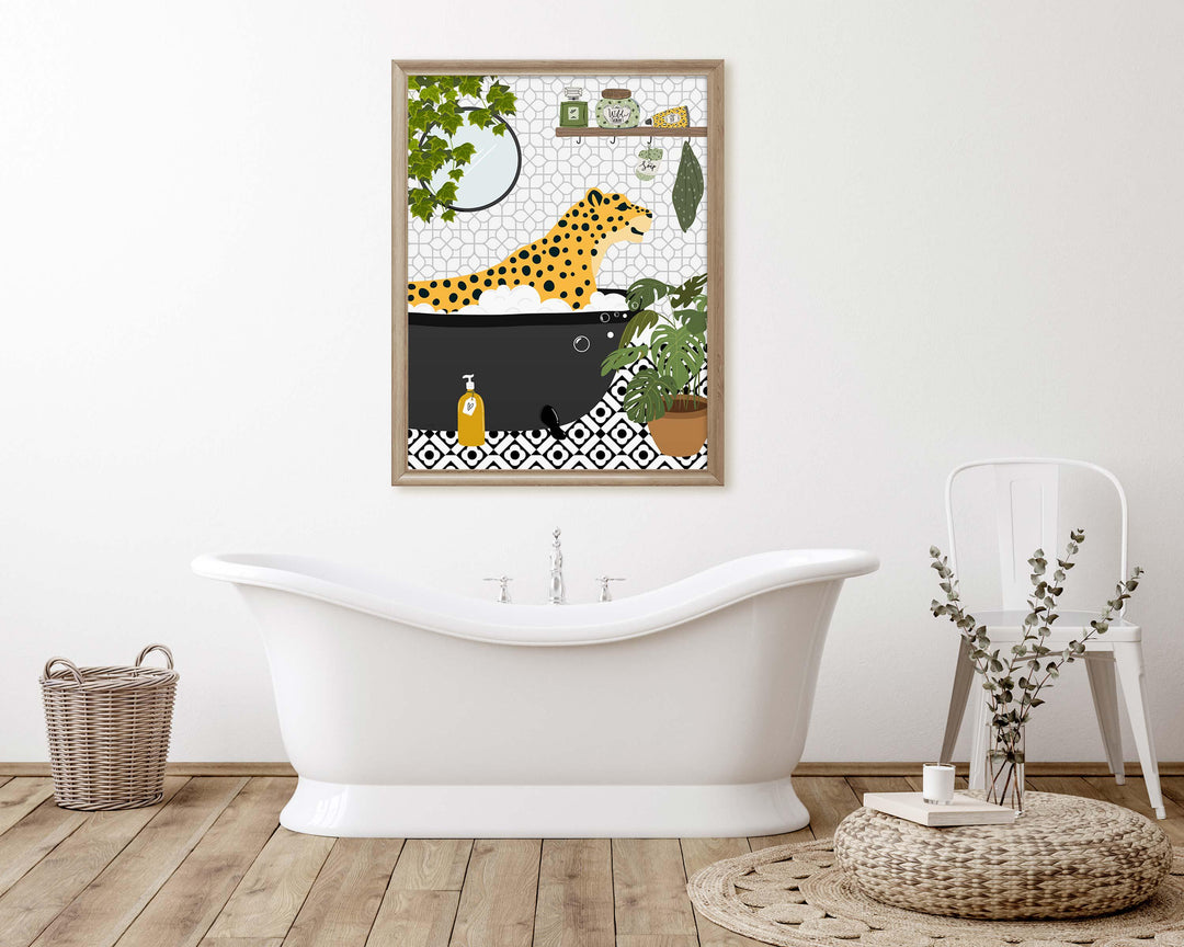 Cheetah in bathtub funny bathroom art print, maximalist animal bath print, botanical safari bathroom poster, housewarming gift, toilet decor